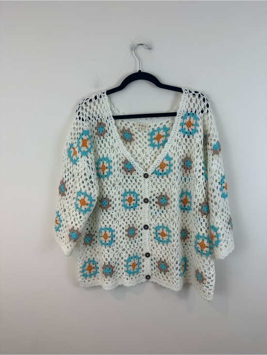 POL Sweaters - Pol White Crochet Floral Button-Front Sweater Cardigan Granny Square Large